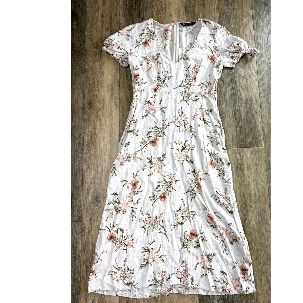 Zara Woman Womens Small 100% Linen Floral Midi Dress Cottagecore Puff Sleeve